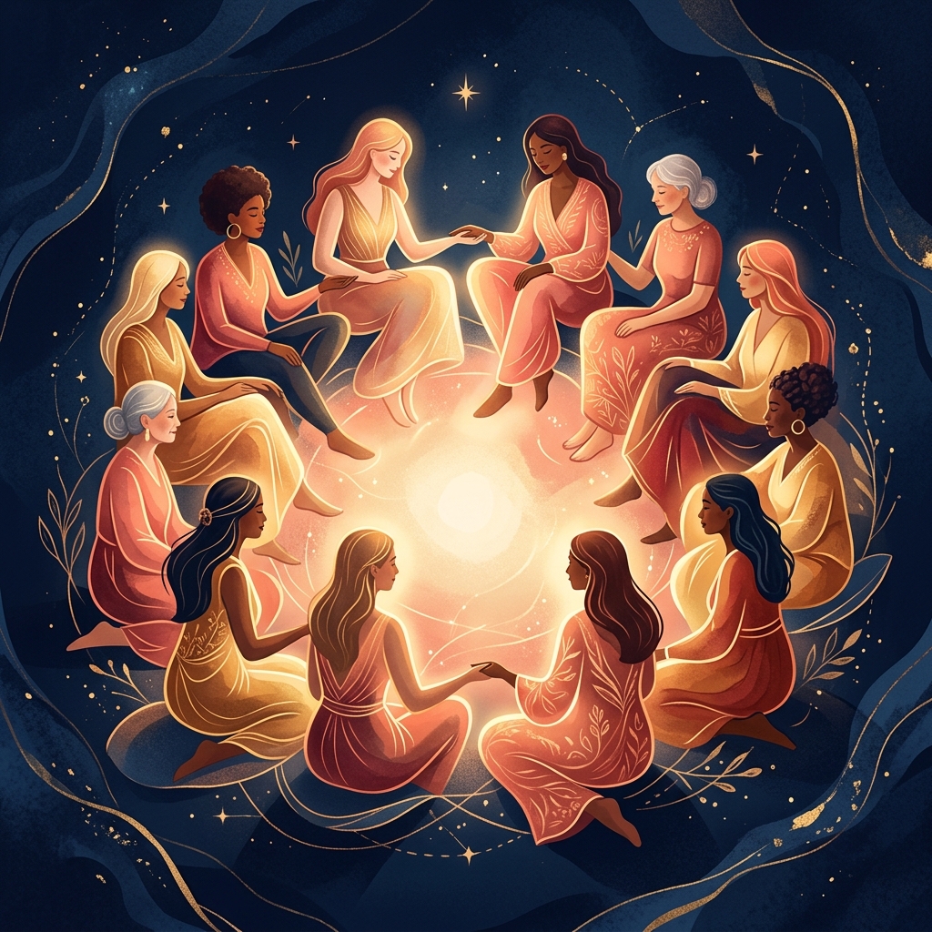 Women gathering in a circle, illustrated in warm golden tones